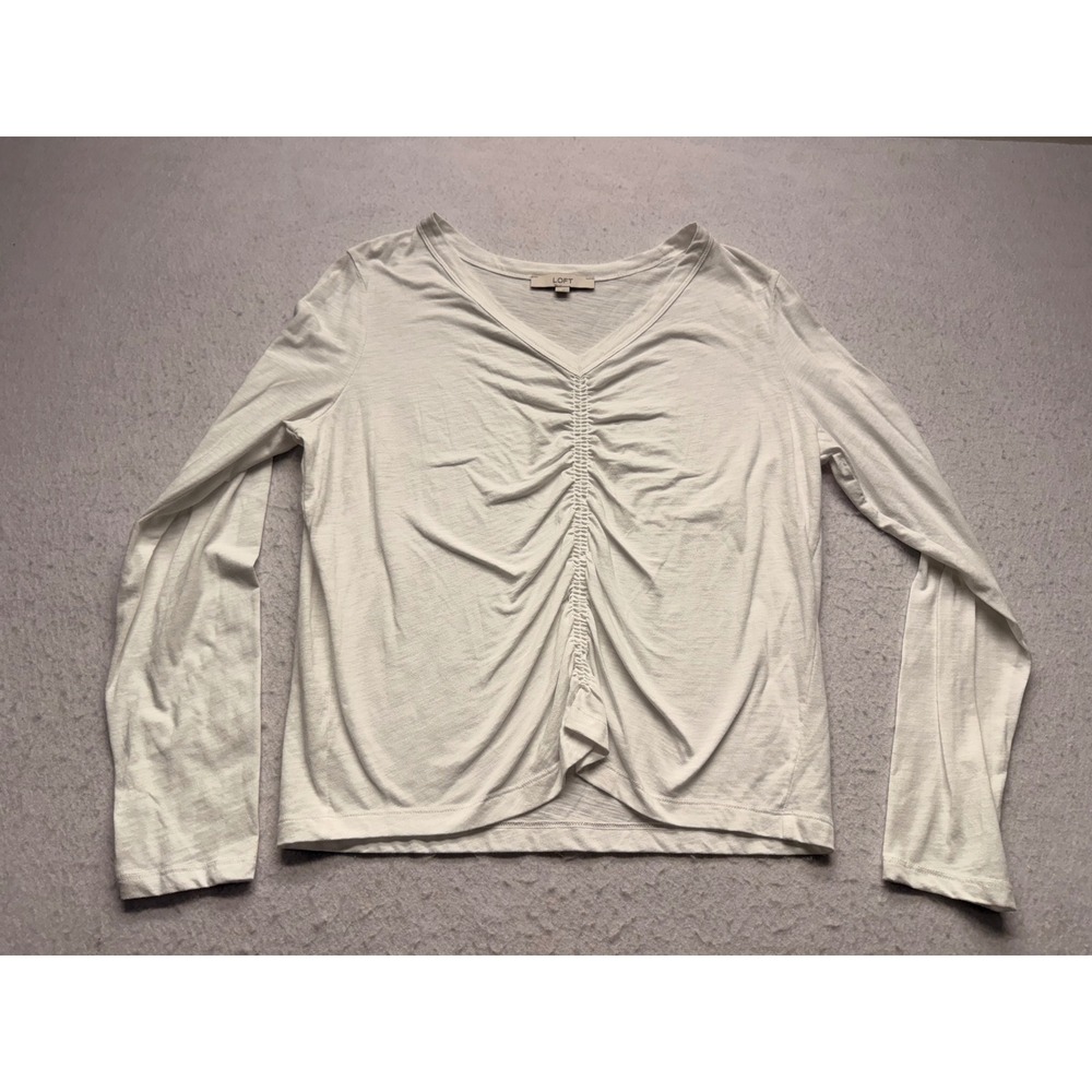LOFT White Ruched V-Neck Long Sleeve Slub Knit Top XL S/575395